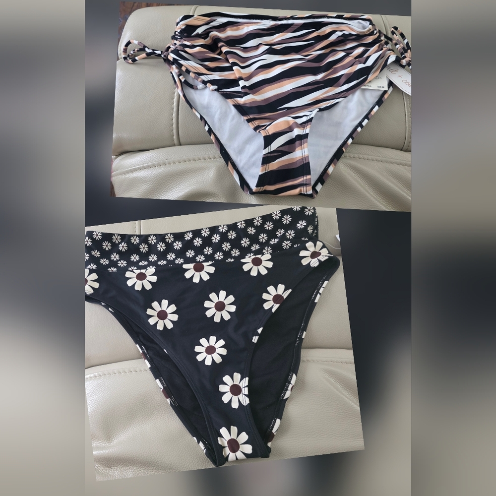 Salt+Cove Striped And Floral Bikini Bottoms - Black, White, Tan - Both Included